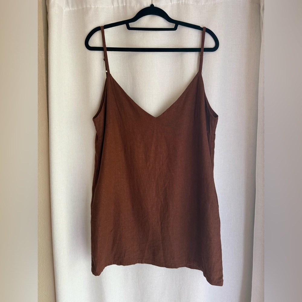 Here. Linen-Blend Low Back Mini Dress Women’s Size L Reddish Brown Beach Style